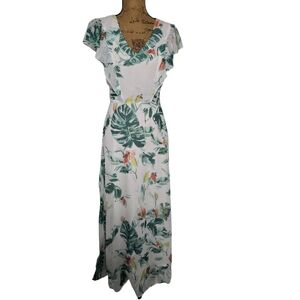 Jenn V-Neck Maxi Dress w Tropical Print   Sz Small White NEW